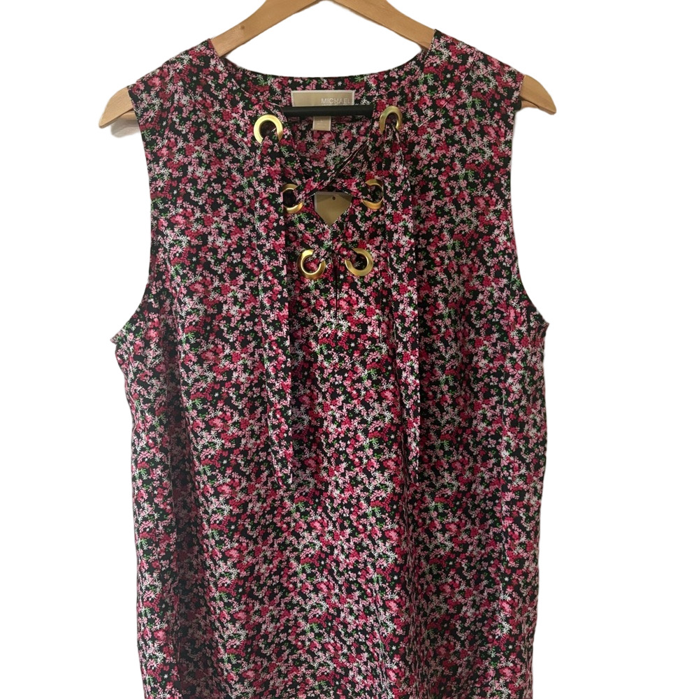 Michael Kors Pink and Black Floral Lace-Up Blouse